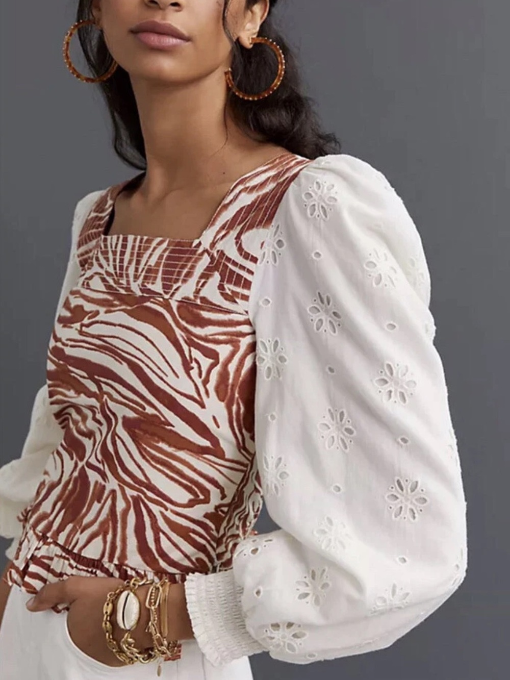 NWT Anthropologie Love The Label Brown Zebra Print Puff Sleeve Eyelet Top Small